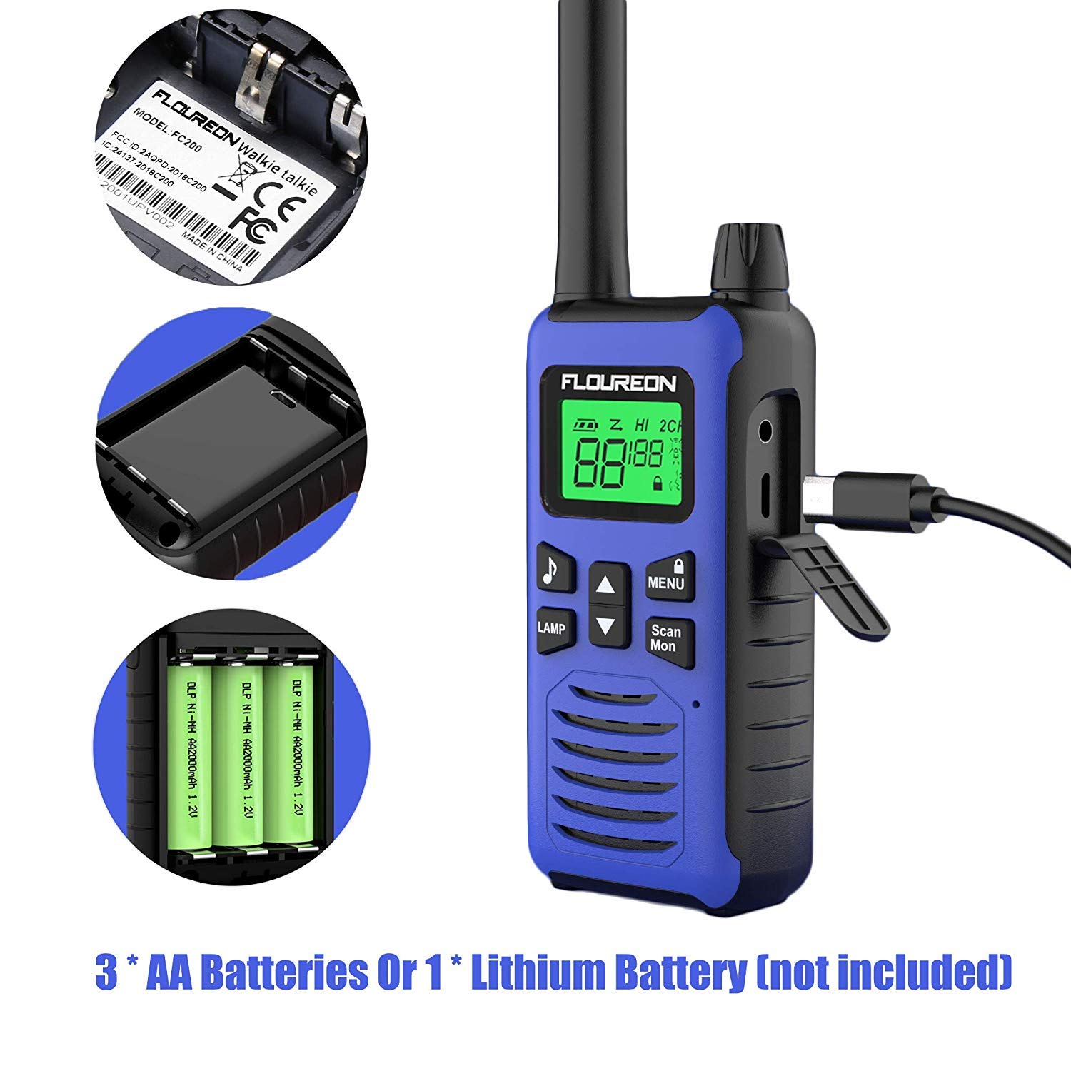 floureon Rechargeable Walkie Talkies for Adults Long Range Two Way Radio 22 Channel 3000M (MAX 5000M) USB Cable Charging Walkie Talkies for Outdoor Adventures Camping Hiking(4 Pack)