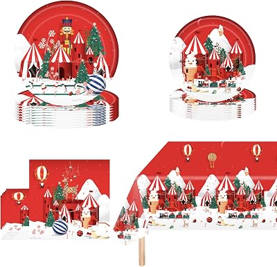 POPOYU 53Pcs Christmas Party Tableware Set for 16 Guests with Tablecloth