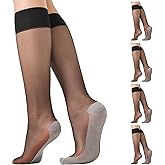 Aaronano 4 Pairs Knee High Stockings for Women Anti-Slip Cotton Sole Nylons Sheer Socks with Wide Calf