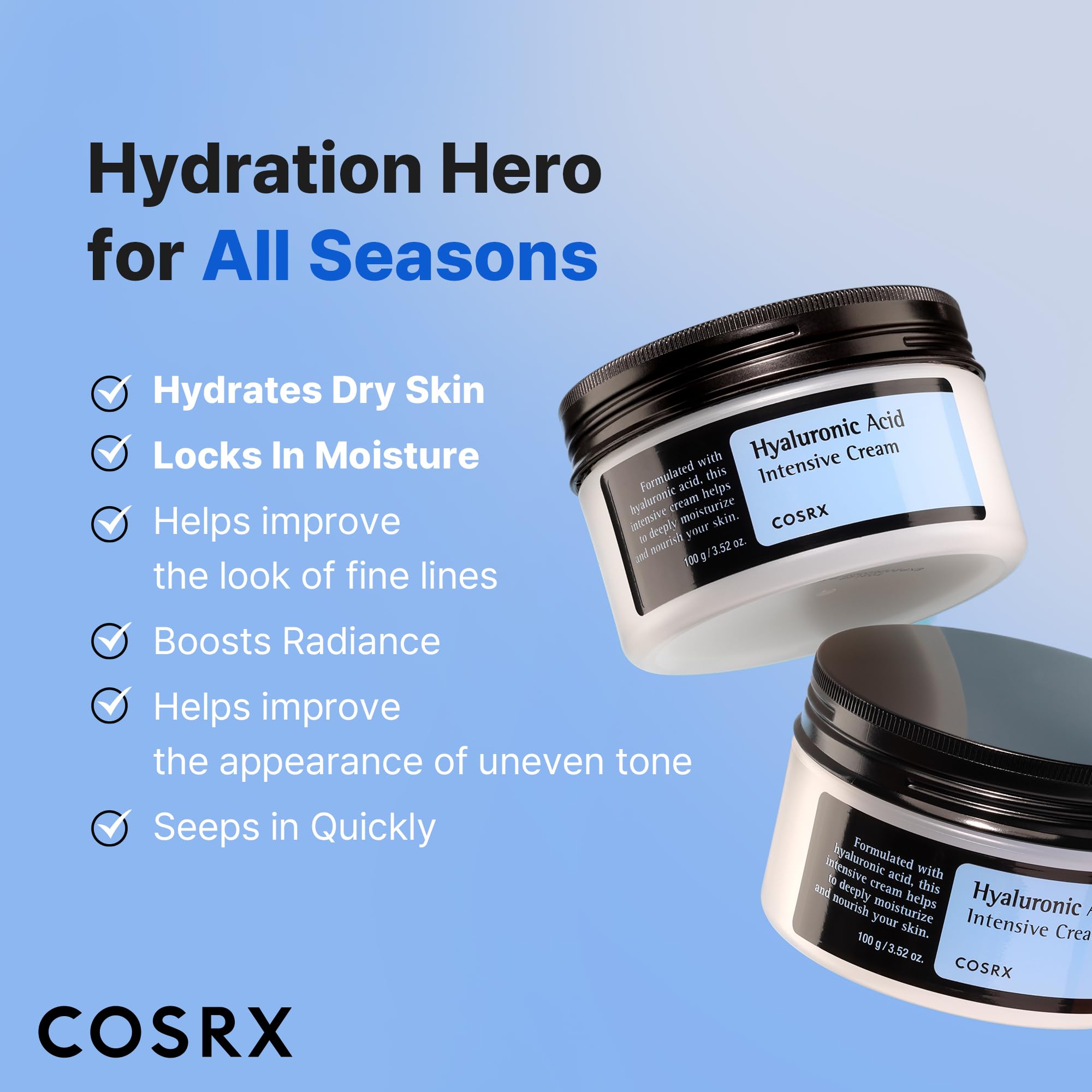 COSRX Hyaluronic Acid Moisturizing Cream, Long-lasting Hydration, Rich Moisturizer for Sensitive Skin 3.52 oz / 100g, Korean Skin Care, Stocking Stuffers, Animal Testing Free, Parabens Free