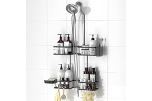 REINHARDT Adjustable Shower Caddy Hanging Rustproof Shower Caddy for Handheld Showerheads, Shower Organizer with Hooks Soap Holder Toothbrush Holder, Anti-Swing Shower Rack Bathroom Accessories, Black