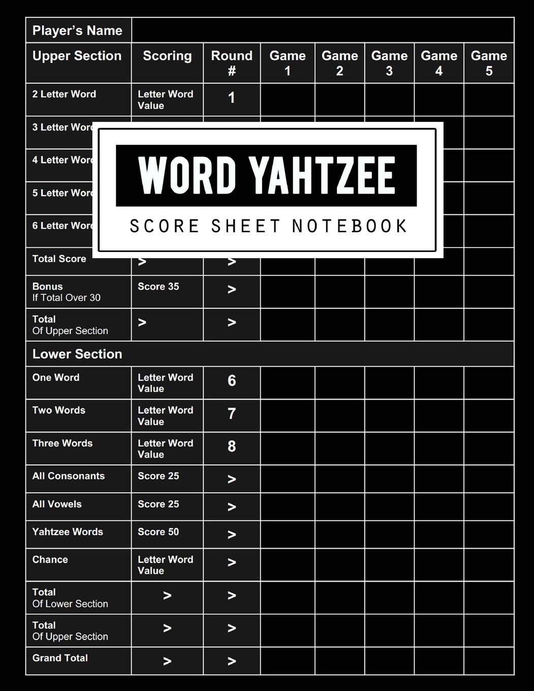 buy word yahtzee score sheet word yahtzee game record keeper book word yahtzee scoresheet word yahtzee score card keep track of all the scores with black cover size 8 5 x 11