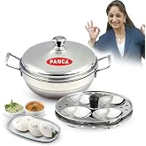 PANCA Stainless Steel Multi Purpose Kadai with Steel Lid, Idli Maker 2 Idli Plate 8 Cavity Idli Cooker Stainless Steel Idly Pot with Steamer (2 Plate 8 Cavity)