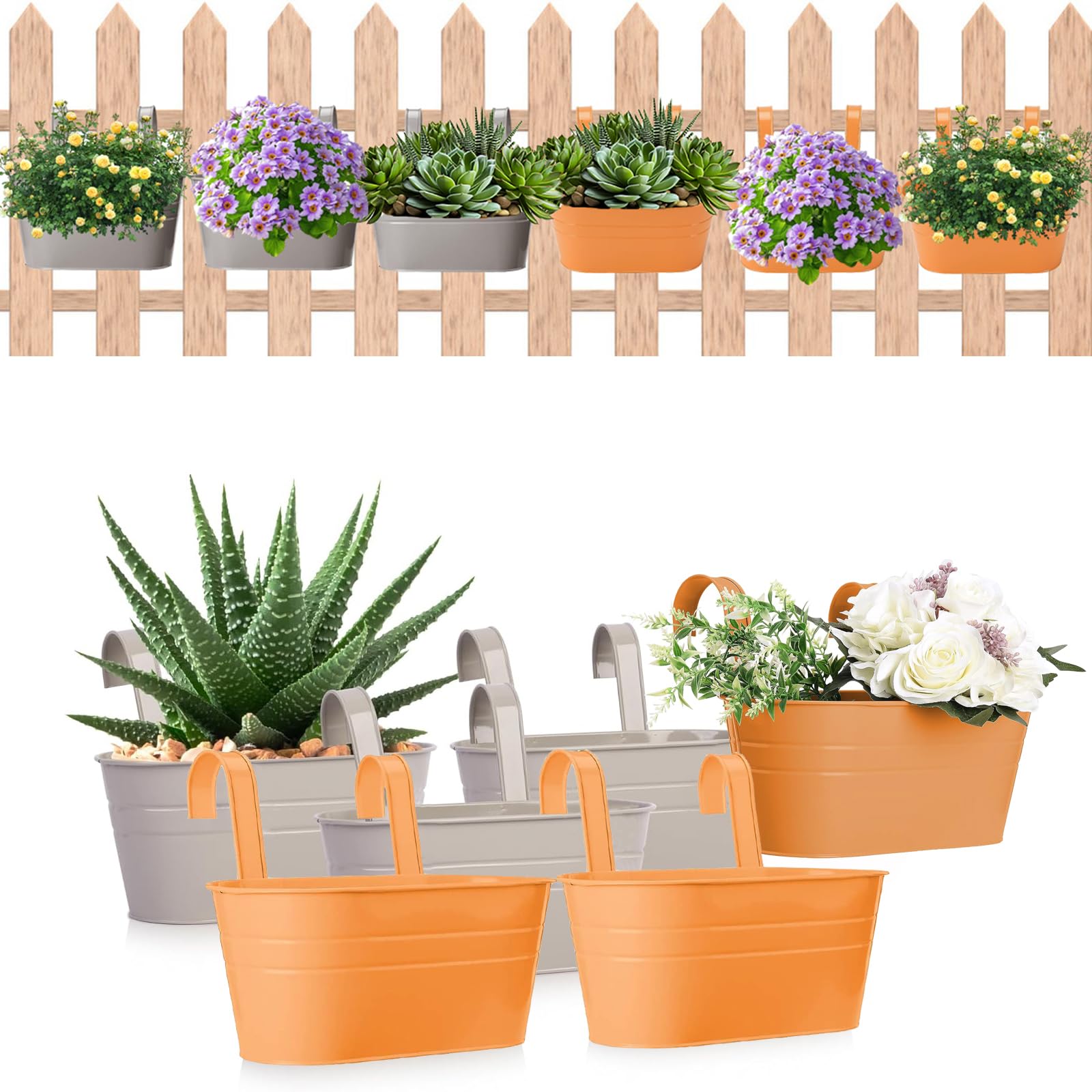 QIODAZOO Hanging Flower Pots, Hanging Planters Outdoor for Fences, Wall, Flower Pots Metal with Detachable Hook (2 Colors, 6 PCS)