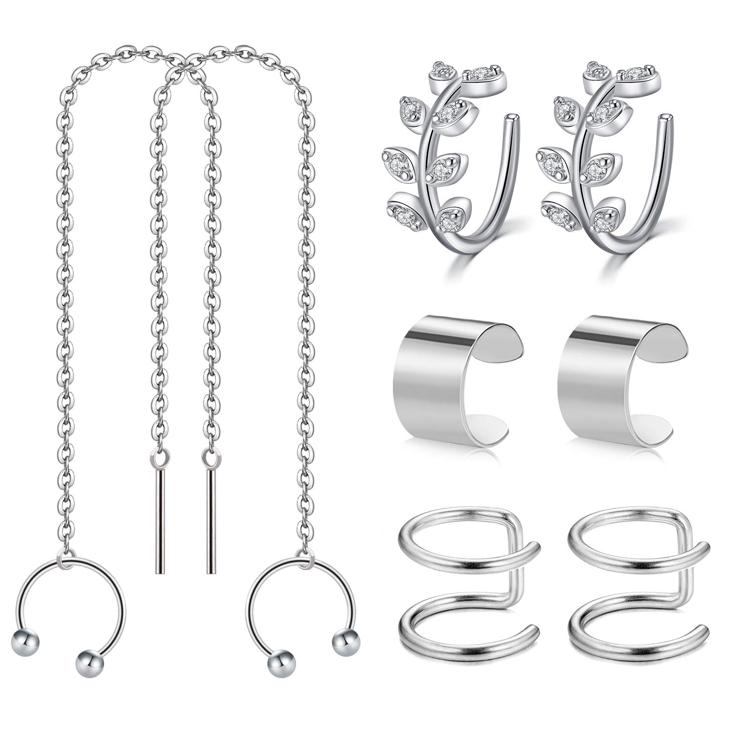 Longita 4 Pairs Earrings Set Mix Size Ear Cuff Wrap Ear Chain Cartilage Surgical Steel Clip on Fake Helix Non Piercing Body Jewelry 4 Styles