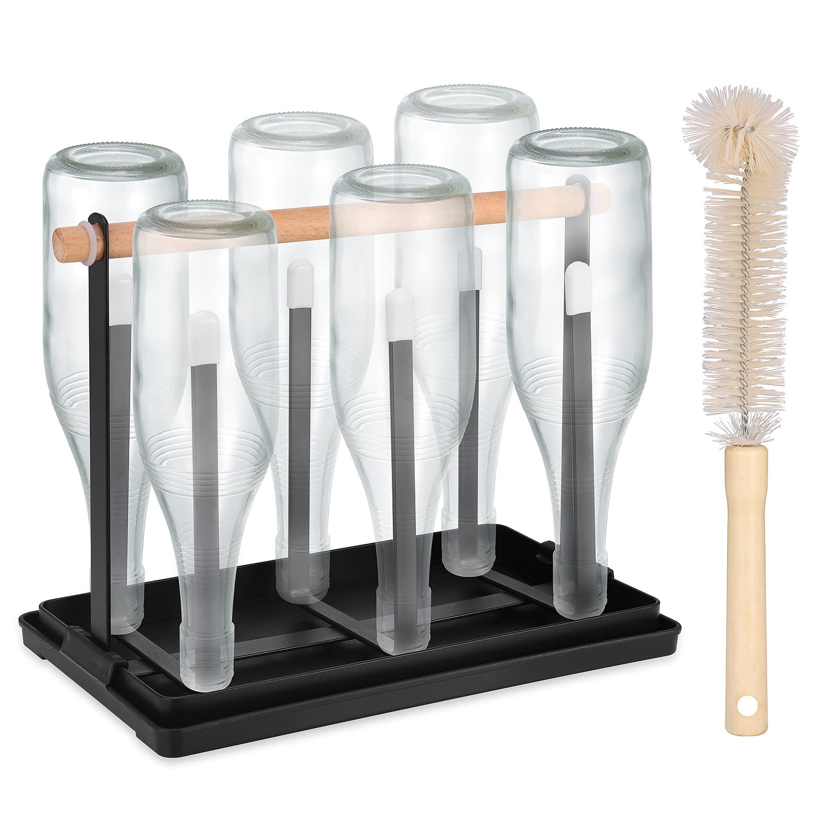 Hejo Mug Holder, Black Elegant Metal Bottle Drying Rack for 6 Bottles, Bottle Drying Rack with Cup Brush, Bottle Holder for SodaStream, Bottles, Cups
