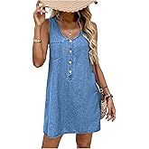 SOLY HUX Women's Summer Denim Mini Tank Dress Casual Button Front Scoop Neck Sleeveless Dresses