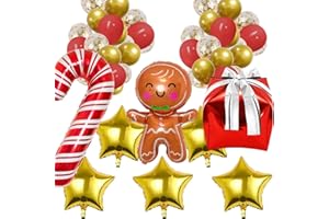 MELODY FANTASY Christmas Balloons Decorations Christmas Balloon Garland Arch Kit Red Gold Confetti Balloons Candy Cane Balloons Gold Star Gingerbread Gift Box Christmas Foil Balloons Mylar Balloons for Xmas Party