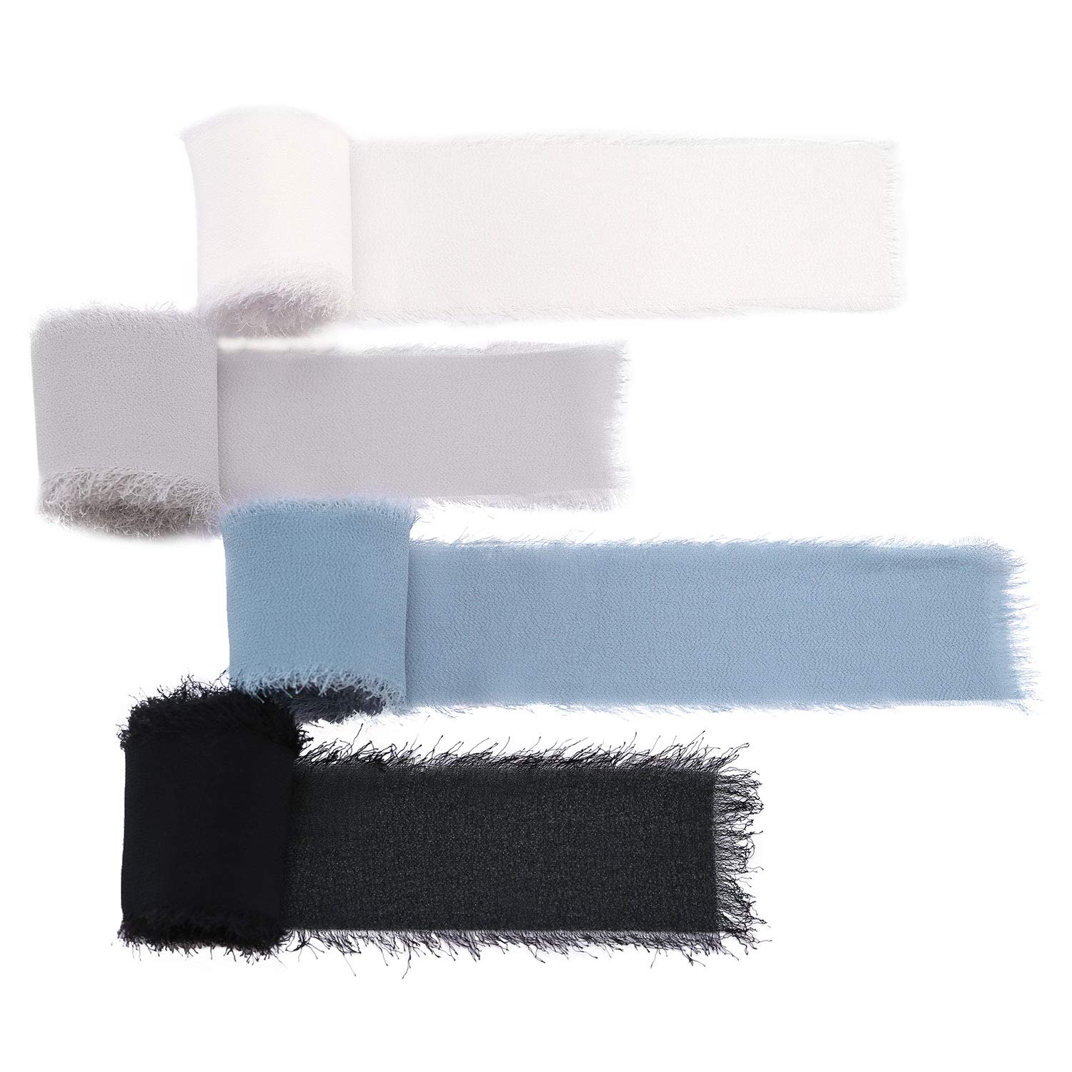 DreamBuilt Handmade Fringe Chiffon Silk-Like Ribbon 1.5" x 3Yd Blue Shade Ribbons Sample Swatch Chart for Wedding Invitations, Bouquets, Gift Wrapping(Black/Dusty Blue/Grey/Ivory)