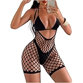 OYOANGLE Women's One Piece Teddy Lingerie Hollow Out Mesh Open Back Halter Rompers Sleepwear