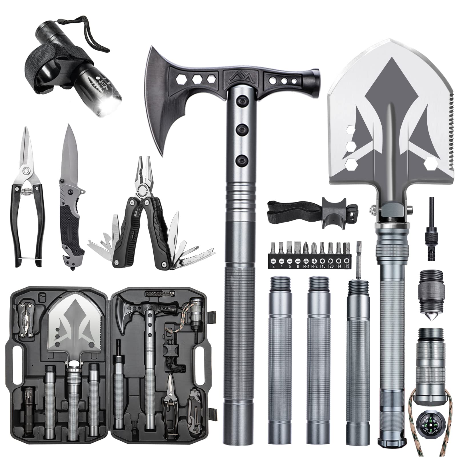 Photo 1 of ZENHOSIT Multifunctional Folding Tactical Shovel Hatchet Combo - With Axe, Flashlight, Extension Handles - For Camping, Cycling, Hiking - 19.3-40.9 Inches
