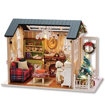 Decdeal DIY Christmas Miniature Dollhouse Kit Realistic Mini 3D Wooden House Room Craft Furniture Led Lights S Day Birthday Gift Christmas Decoration Refined Version Merry Christmas
