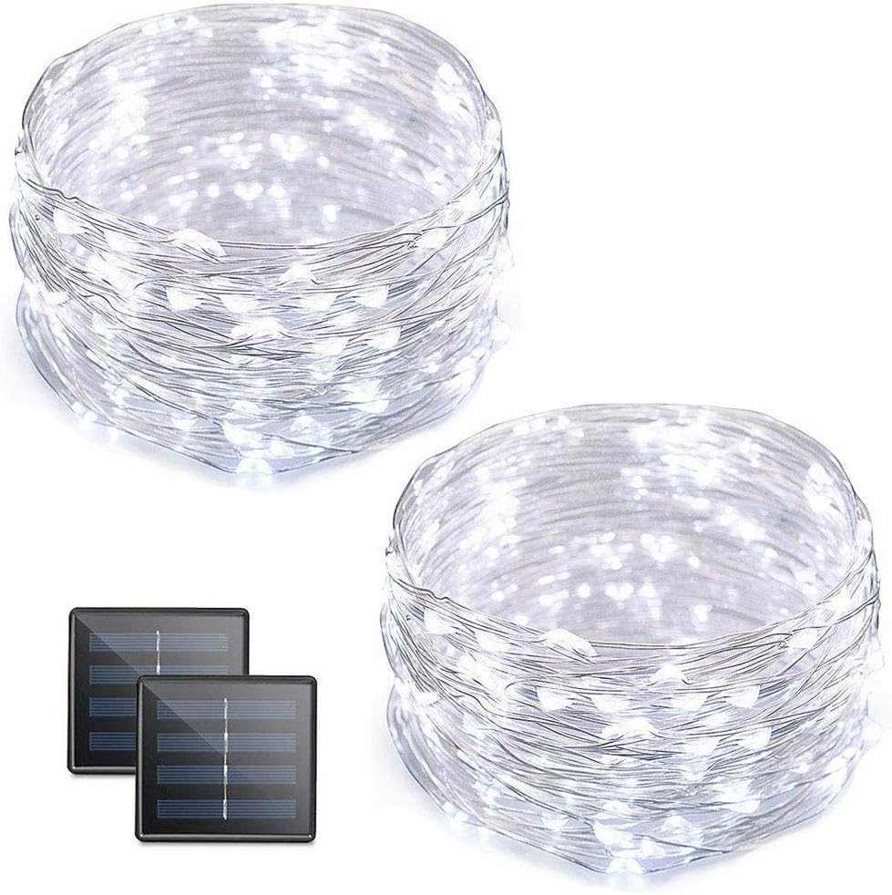VMANOO Solar Outdoor Copper Wire Starry String Christmas Lights 32Ft 100 LED 8 Modes Fairy Patio Lighting for Outside Party Wedding Tents Garden Backyard Tree Decorations Indoor Balcony Decor Lights