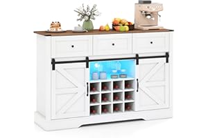 Giantex Wine Bar Cabinet with LED Lights, 52" Buffet Sideboard w/Sliding Barn Door, 3 Drawer, Adjustable Shelf, 12 Bottle Win