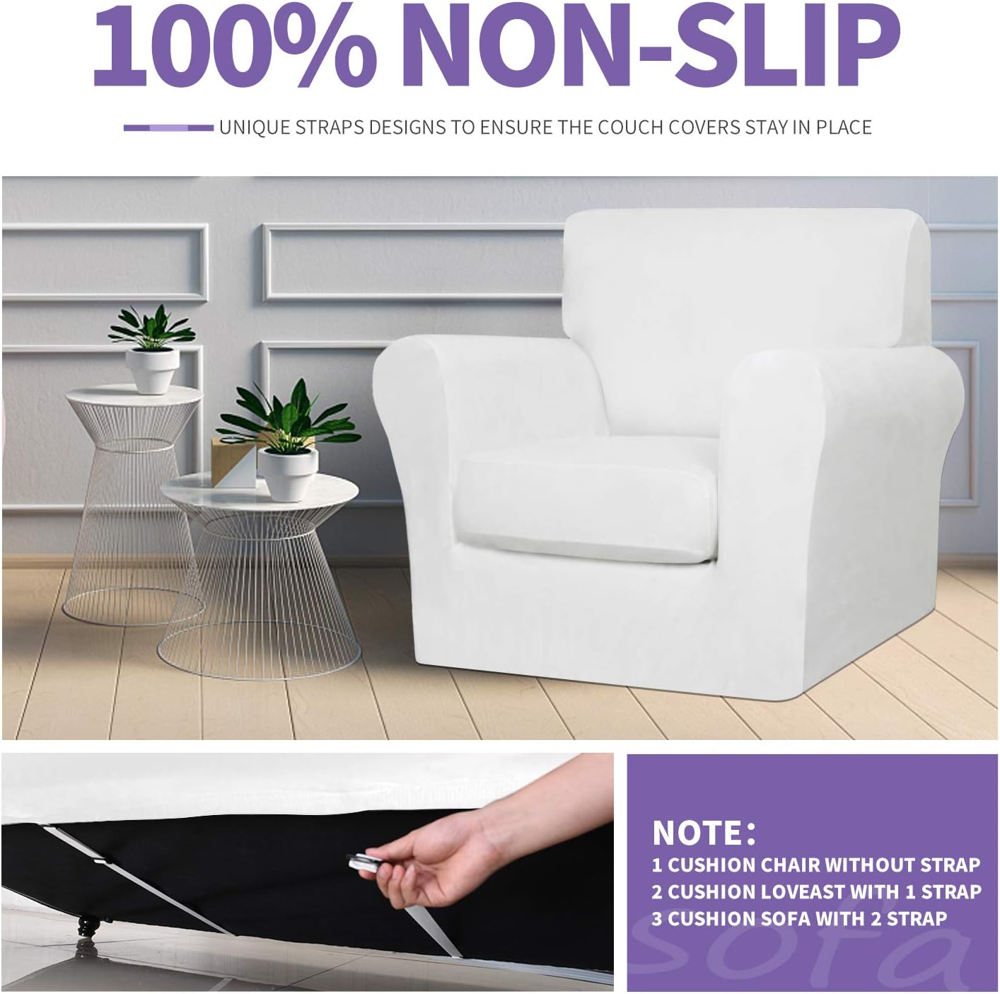 ZNSAYOTX Luxury Velvet Chair Slipcovers with Arms 2 Piece Stretch Chair Covers for Living Room Thick Soft Armchair Slipcover Anti Slip Dog Pet Friendly Furnitre Protector (White, Chair): Kitchen & Dining