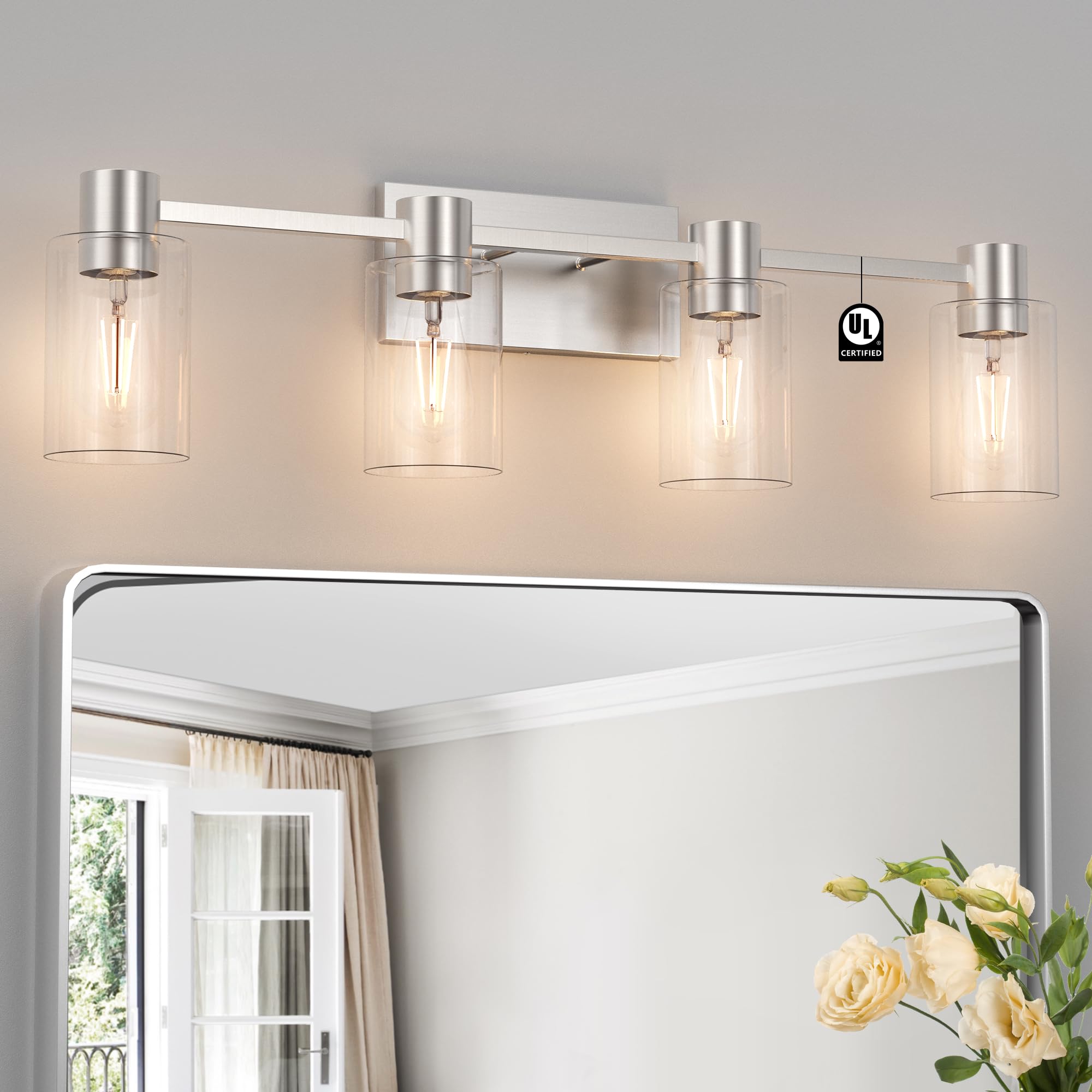 Photo 1 of Esfos 4-Light Modern Vanity Light Fixtures Over Mirror, Brushed Nickel Bathroom Light Fixtures, Vanity Lights, Wall Sconce with Clear Glass Shade for Bathroom, E26 Base
