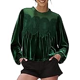 Gozoloma Women's Long Sleeve Velvet Trim Lace Blouse Elegant Flared Swing Top Round Neck Blouse Casual Wear