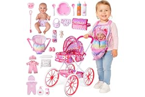 BABESIDE Baby Doll Stroller and Accessories – 12" Washable Baby Doll with 24 Pcs Care Kit, Carrier & Sturdy Wheels – Pretend Play Doll Stroller for Toddlers Girls Ages 3+