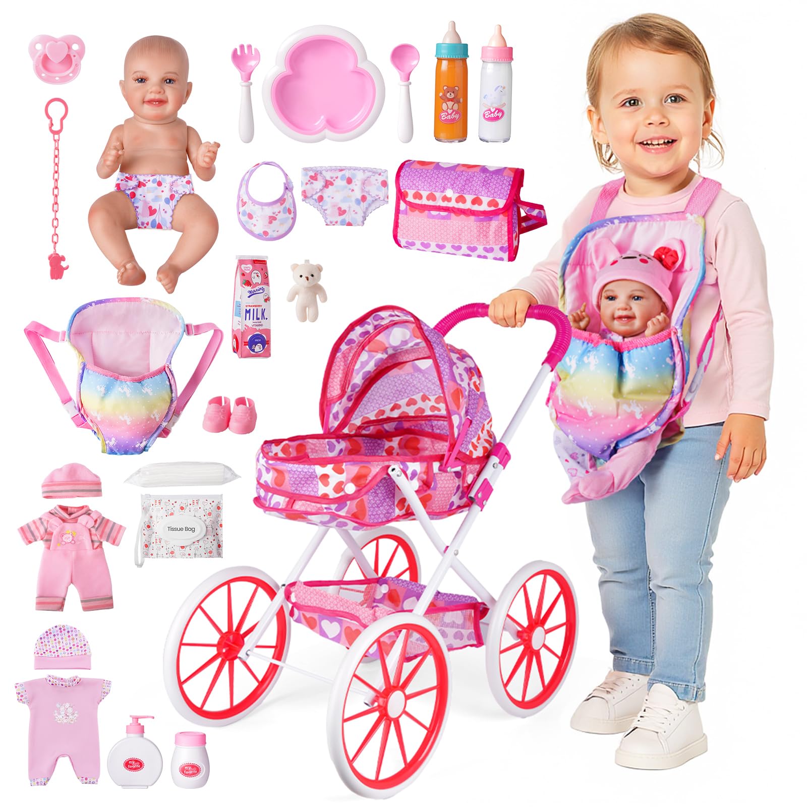 Photo 1 of BABESIDE Baby Doll Stroller and Accessories – 12" Washable Baby Doll with 24 Pcs Care Kit, Carrier & Sturdy Wheels – Pretend Play Doll Stroller for Toddlers Girls Ages 3+