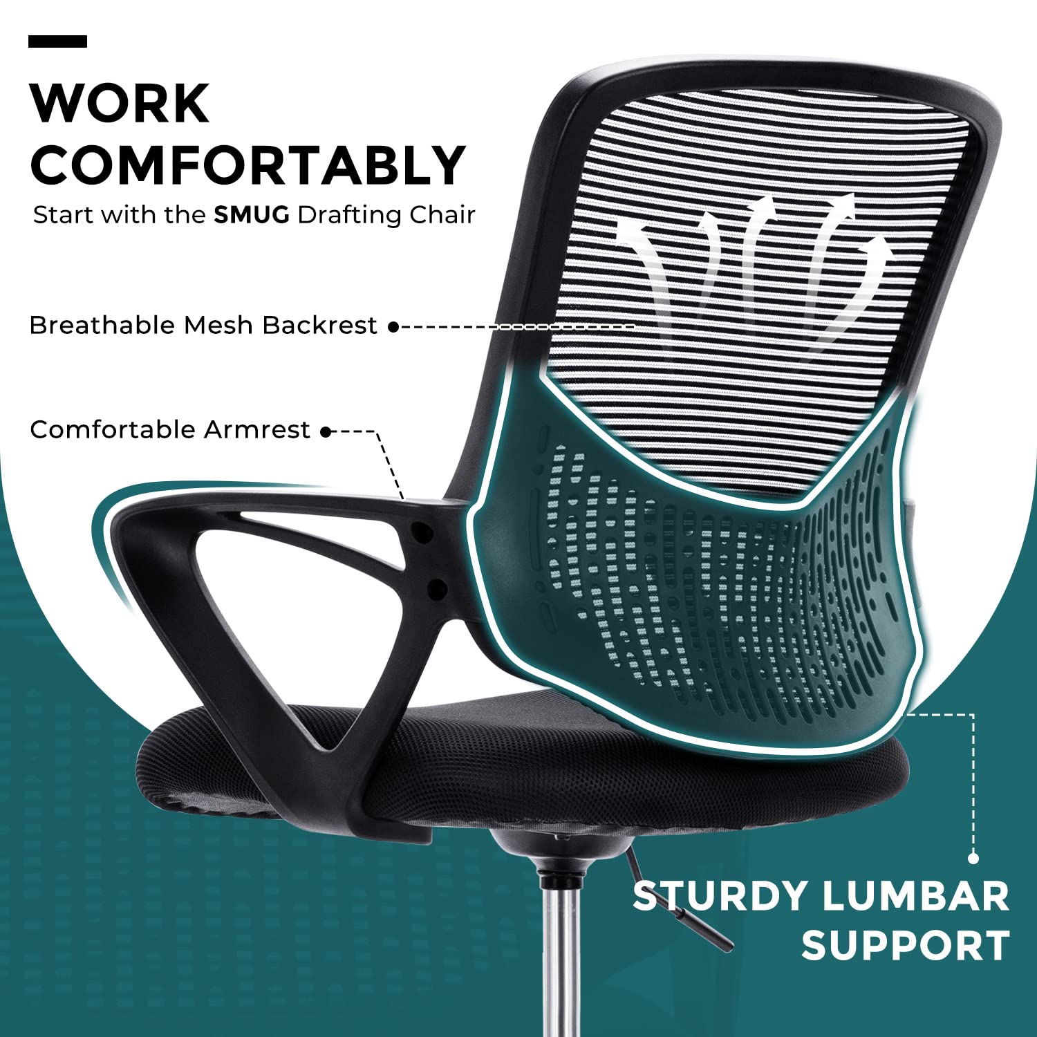 SMUG Adjustable Counter Height Office Chair, Black, Mesh