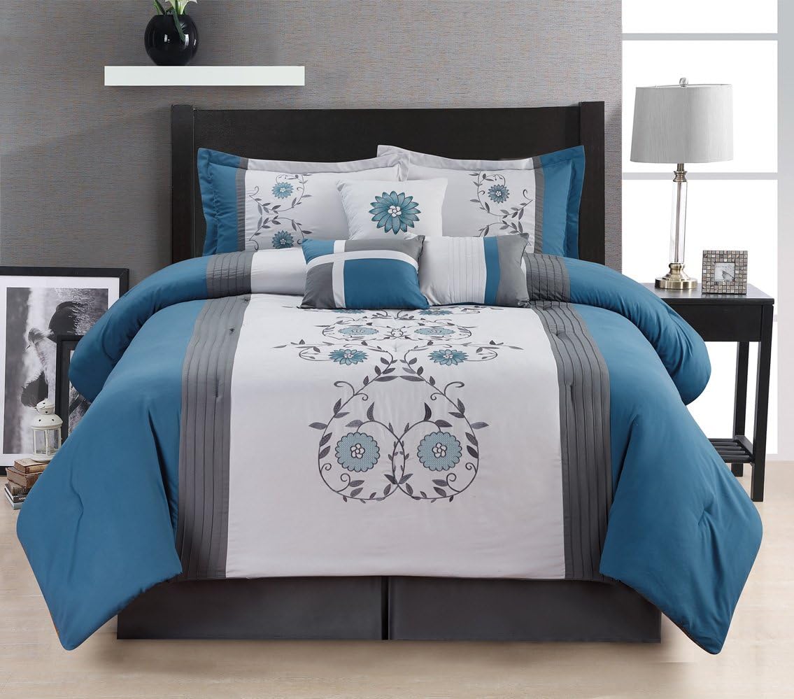 Modern 7 Piece Bedding Slate Blue Grey Pin Tuck Embroidered