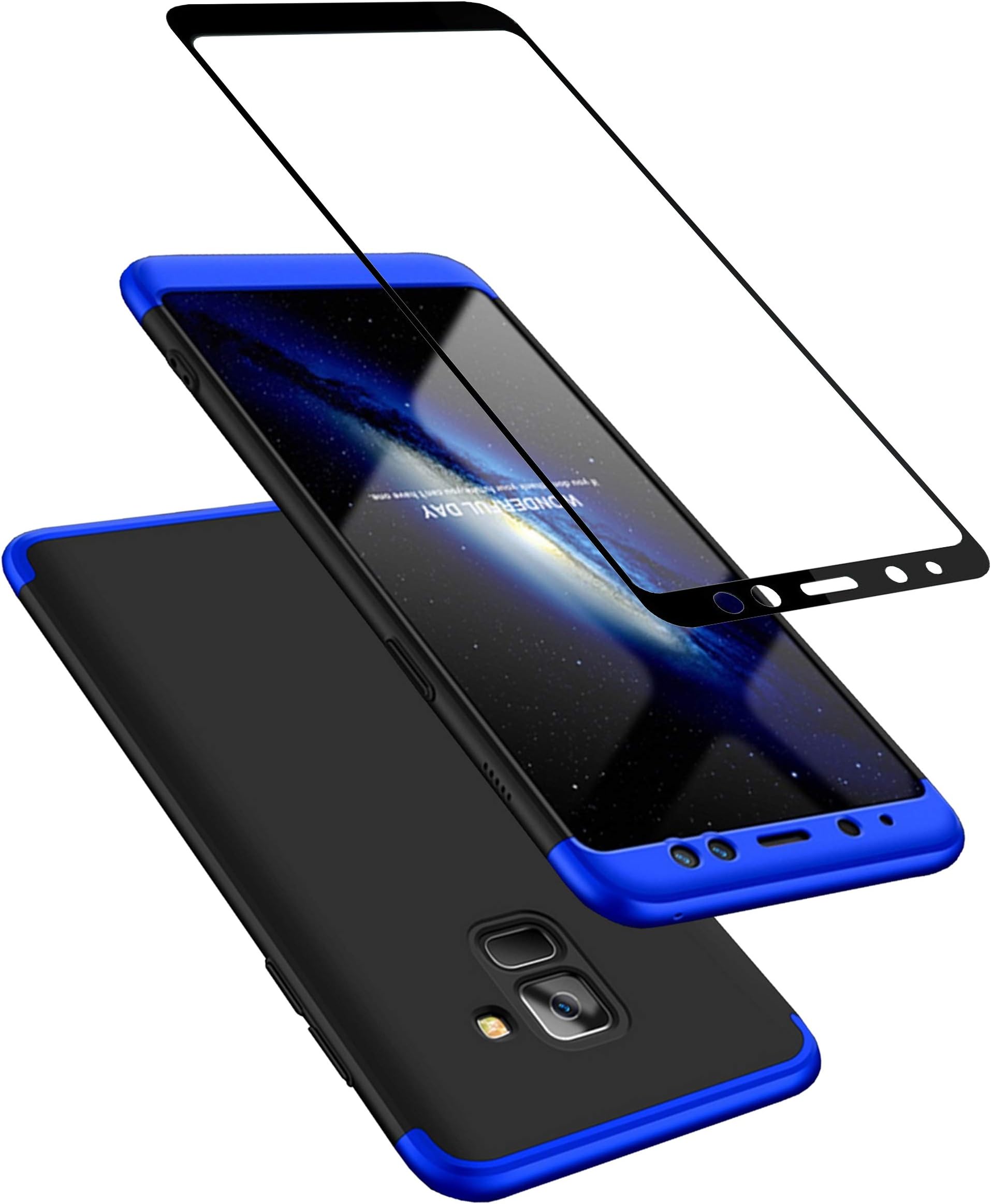 JOYTAG Compatible For Huawei Mate 20 case +Tempered glass film 360 degrees Blue black ultra thin Matte All-inclusive Protection 3 in 1 PC Phone case cover- Blue black