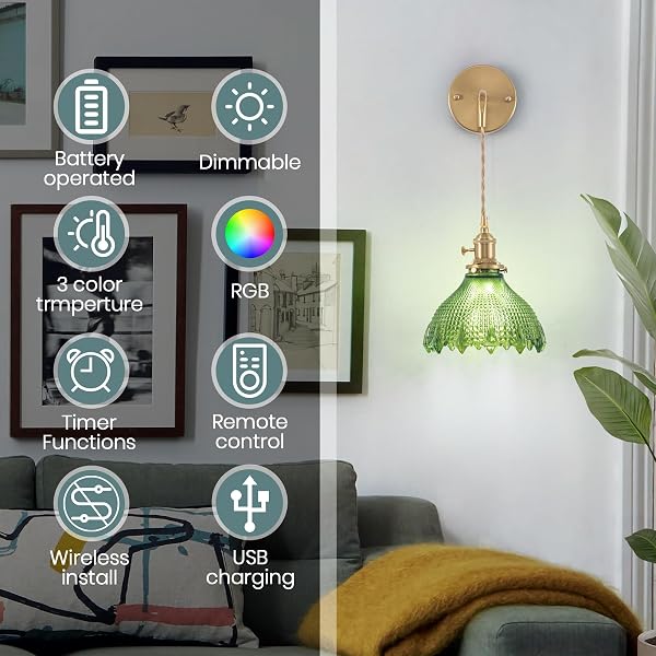 NOGCEW BATTERY OPERATED WALL SCONCE WITH REMOTE, RECHARGEABLE DIMMABLE WALL SCONCES SET OF 2, ADJUSTABLE CHAIN WIRELESS INDOOR 12 COLORS RGB WALL LAMP FOR LIVING ROOM BEDROOM
