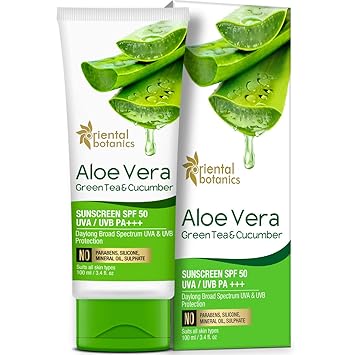 Oriental Botanics Aloe Vera, Green Tea & Cucumber Sunscreen SPF 50 UVA/UVB PA+++, 100ml
