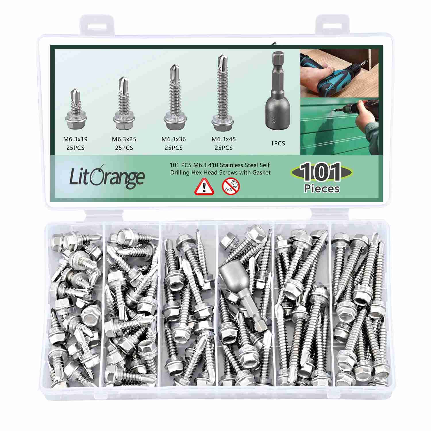 Litorange 101 PCS M6.3 Stainless Steel Self Drilling Hex Head Screws with Gasket, 4 Sizes of Hex Head Self Tapping Screws with Socket M6.3 * 19 25 32 45 mm, Boxed.