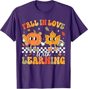 Retro Fall in Love with Learning Autumn Pumpkin Teacher T-Shirt