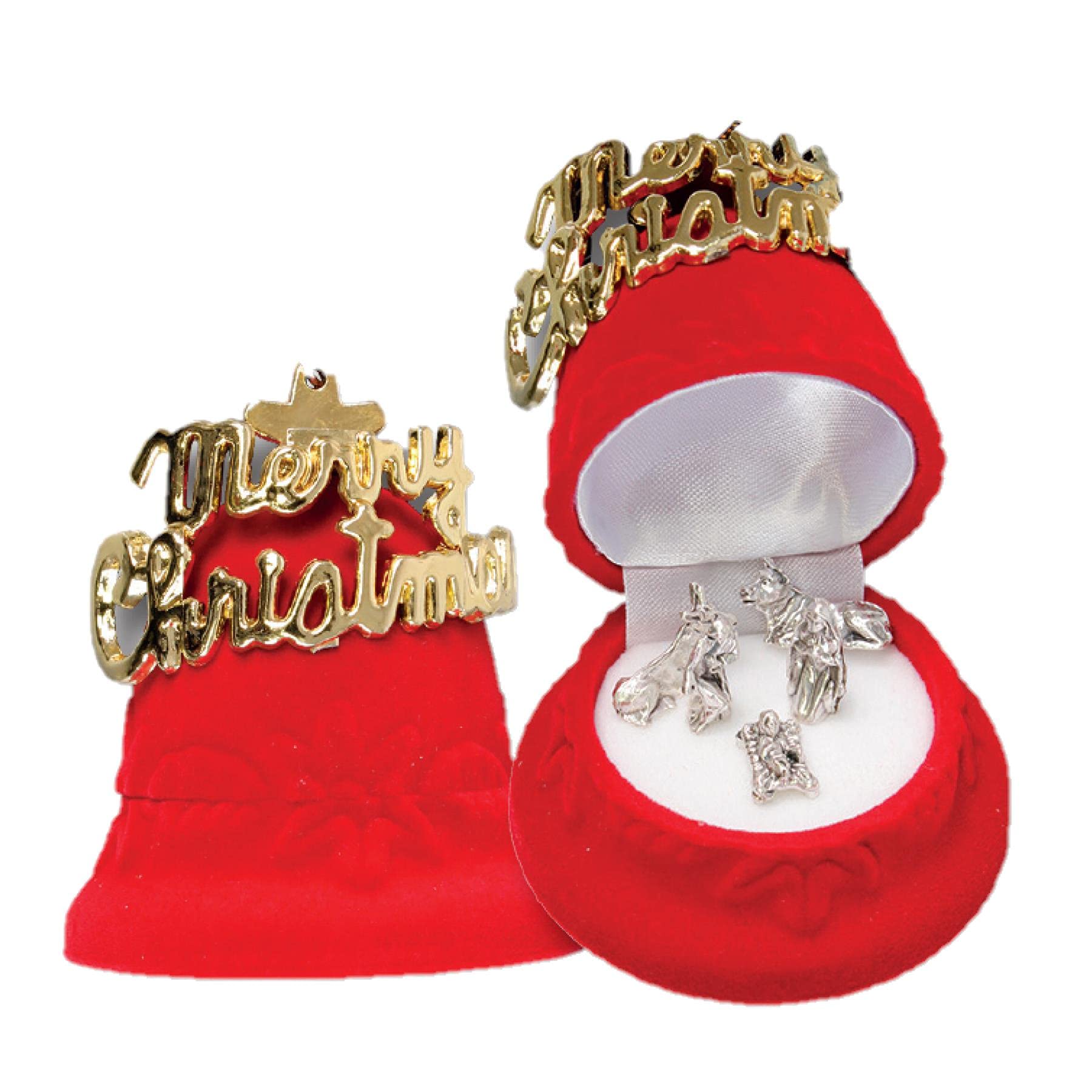 Miniature Nativity Metal Figures in Bell/Merry Box Christmas Decoration