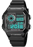 PASOY Mens Womens Sports Watch Rubber Watchband Multi-Function Alarm Stopwatch Countdown Backlight Swim Digital Waterproof Outdoor Black Watch