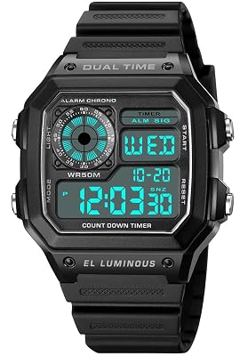 PASOY Mens Womens Sports Watch Rubber Watchband Multi-Function Alarm Stopwatch Countdown Backlight Swim Digital Waterproof Outdoor Black Watch