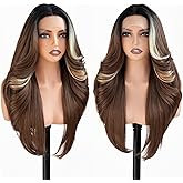 FABELLE Golden Brown Wig Lace Front Wig HD Lace Loose Body Wave Wig Pre-Plucked Glueless Wig Beginner Friendly For Black Women Long Hair With Curtain Bangs