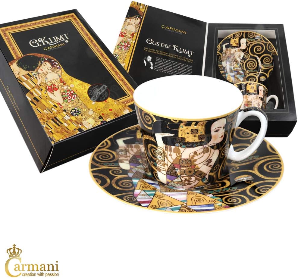 CARMANI Porcelain Cup with saucer decorated with 'Expectation' by Gustav Klimt