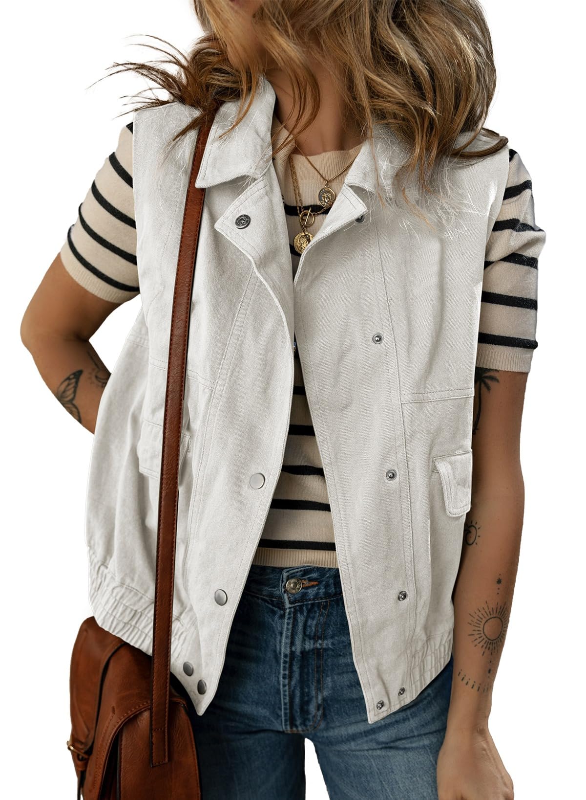 Photo 1 of Dokotoo Fall Vests for Women 2025 Fashion Turn-down Collar Button-down Sleeveless Travel Cargo Jacket Shacket with Pockets White Medium