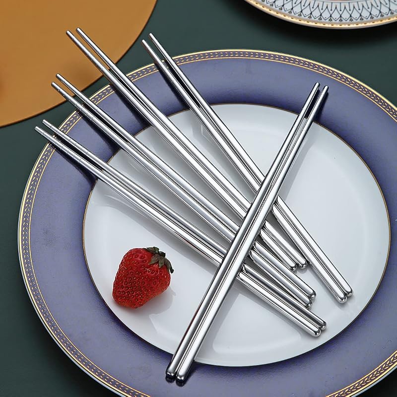 10 Paar Wiederverwendbare Essstäbchen, Edelstahl-Metall-Essstäbchen, Japanisches Chinesisches Koreanisches Essstäbchen Spülmaschinenfest, 8,9 Zoll (Silber/Essstäbchen) — Foto 4 von 7