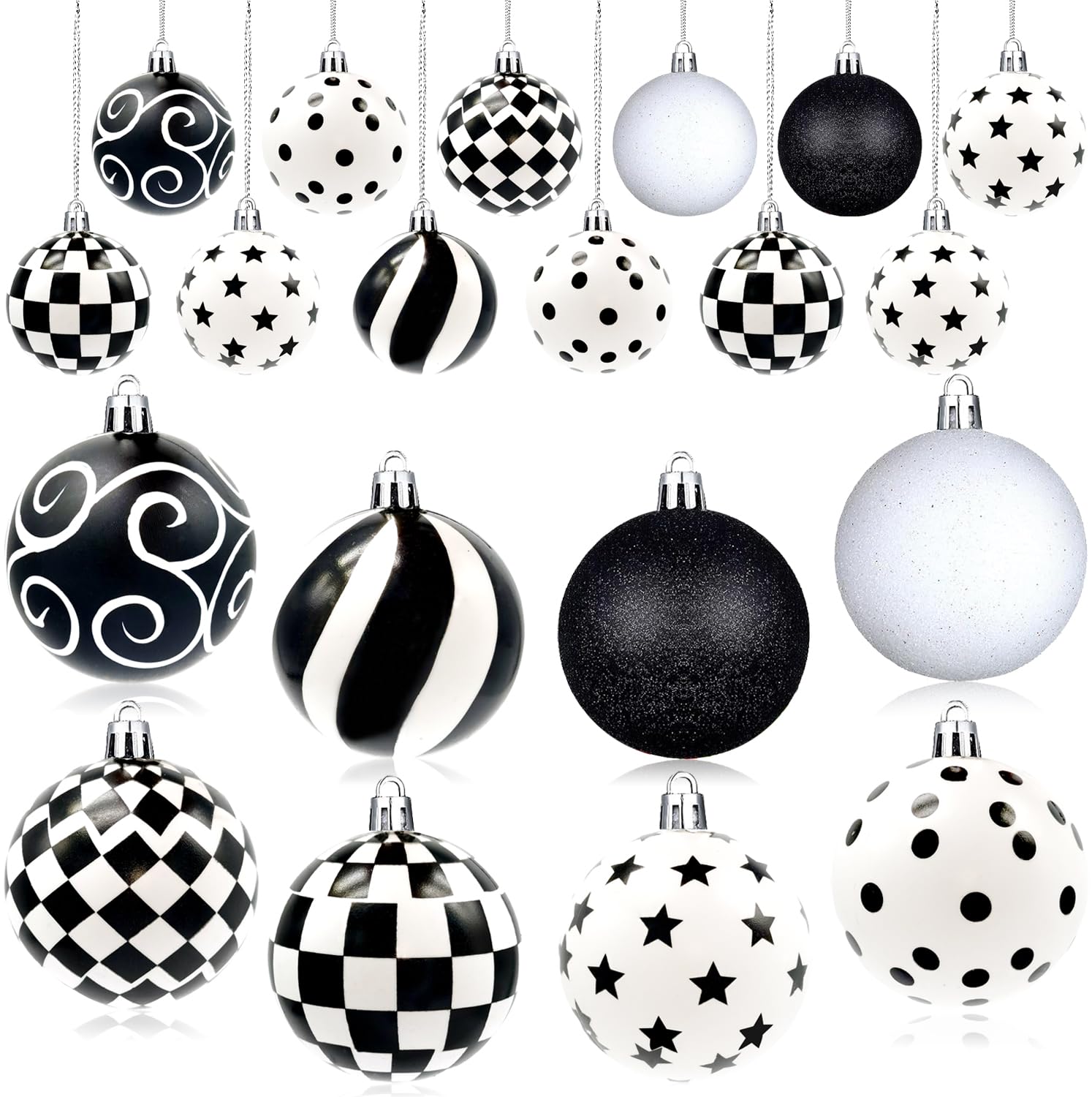 Photo 1 of 24 Black & White Winter Balls - Dot Hanging Christmas Ornaments - Farmhouse Style - Checkered Ball for Christmas Tree Decor