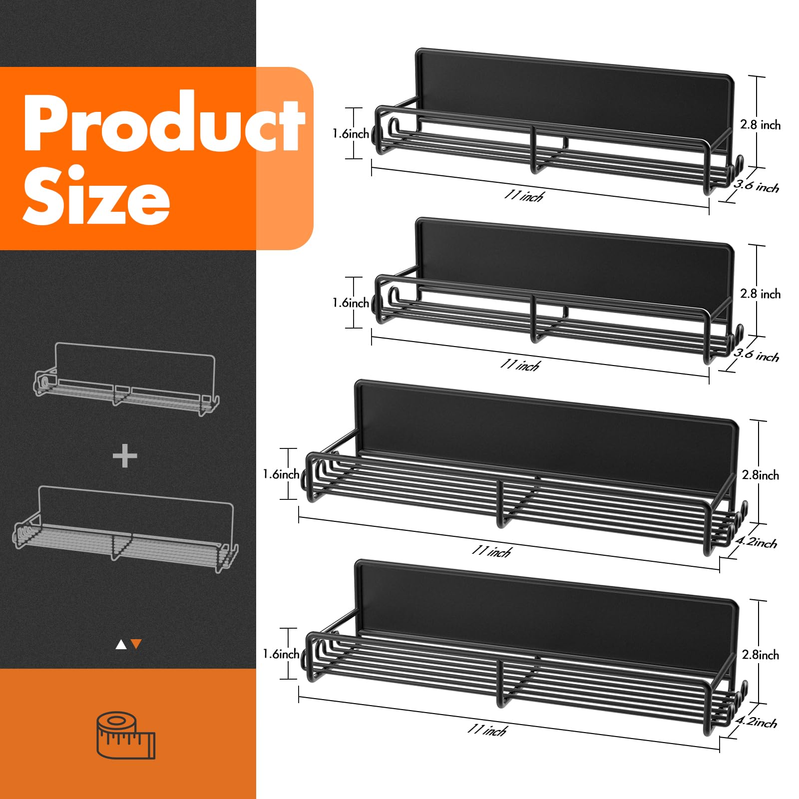 Magnetic Spice Rack for Refrigerator, 4 Pack Magnetic Fridge Shelf with Hooks, Spice Organizer Shelf for Kitchen Organization and Storage, Seasoning Organizer Gadgets for Metal Surface