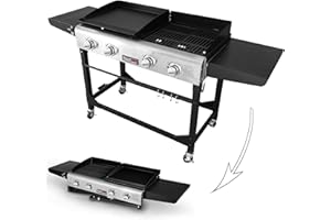 Royal Gourmet GD401 Portable Propane Gas Grill and Griddle Combo with Side Table | 4-Burner, Folding Legs,Versatile, Outdoor | Black 66 Inch