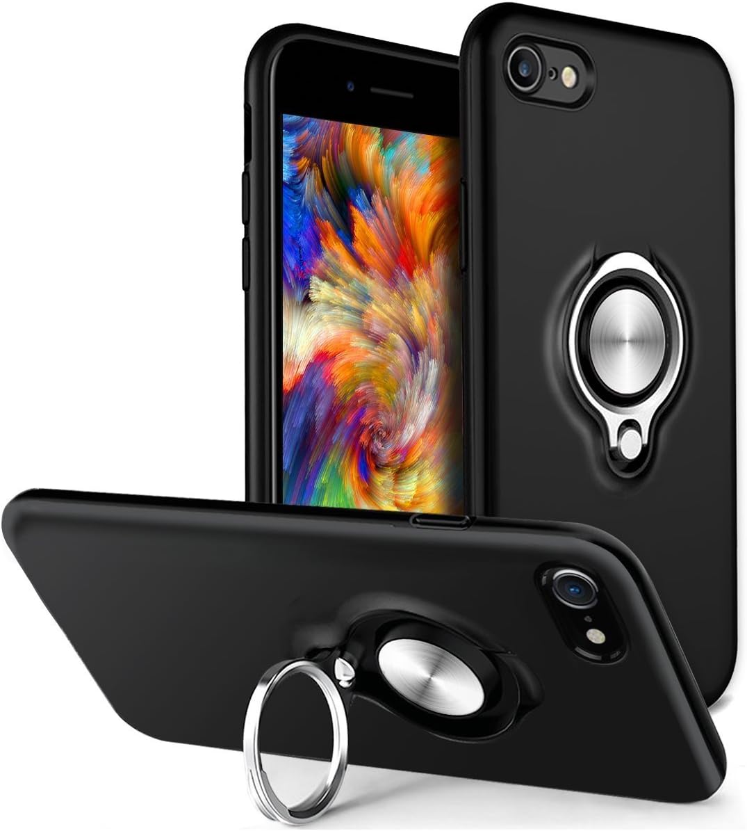 iPhone 7 Plus Case, iPhone 8 Plus Shock-Absorption Anti-Scratch Slim Protective Cover Case, 360 Degree Rotating Kickstand Ring Grip Case with Magnet Car Mount Metal(Black)