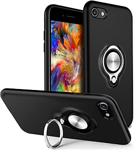 iPhone 7 Plus Case, iPhone 8 Plus Shock-Absorption Anti-Scratch Slim Protective Cover Case, 360 Degree Rotating Kickstand Ring Grip Case with Magnet Car Mount Metal(Black)