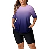 Halcurt Women's Plus Built in Bra Rash Guard Two Piece Swim Shirt and Pockets Boyleg Shorts