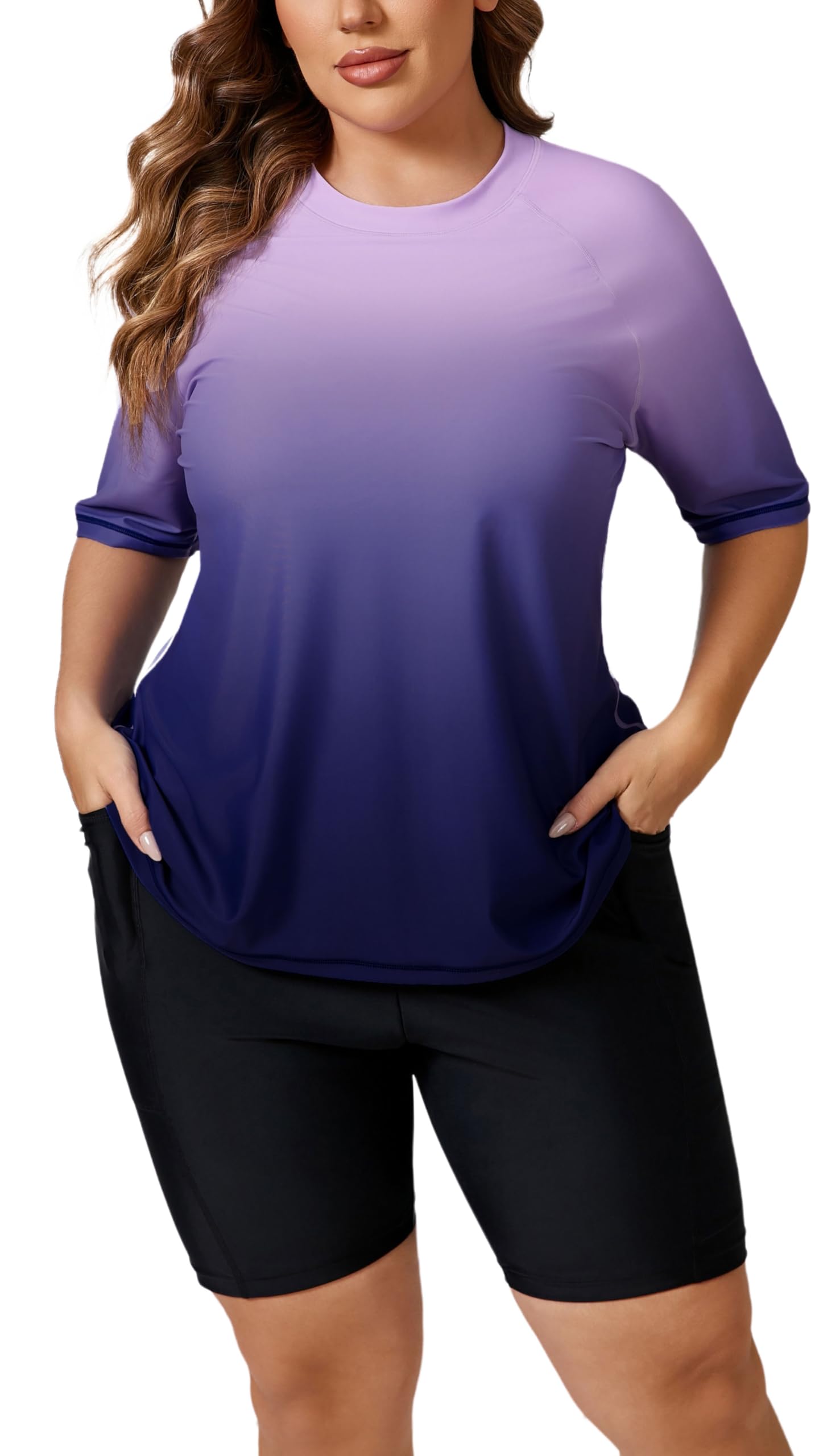 Photo 1 of Halcurt Women Plus Size Rash Guard Swimwear Short Sleeve Built in Bra UPF 50 Quick Dry Swimsuit Purple 1X