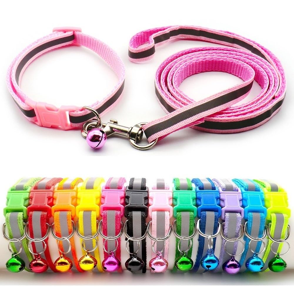 Small Dog Puppy Pet Collar and Lead Set Reflective Hi-Vis Strip Nylon Adjustable Size 19-32cm Collar with Bell and 120cm Leash Pink