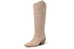DREAM PAIRS Women's Cowboy Boots Pointed Toe Knee High Cowgirl Boots Block Heel Suede Western Tall Boots for Music Festival P