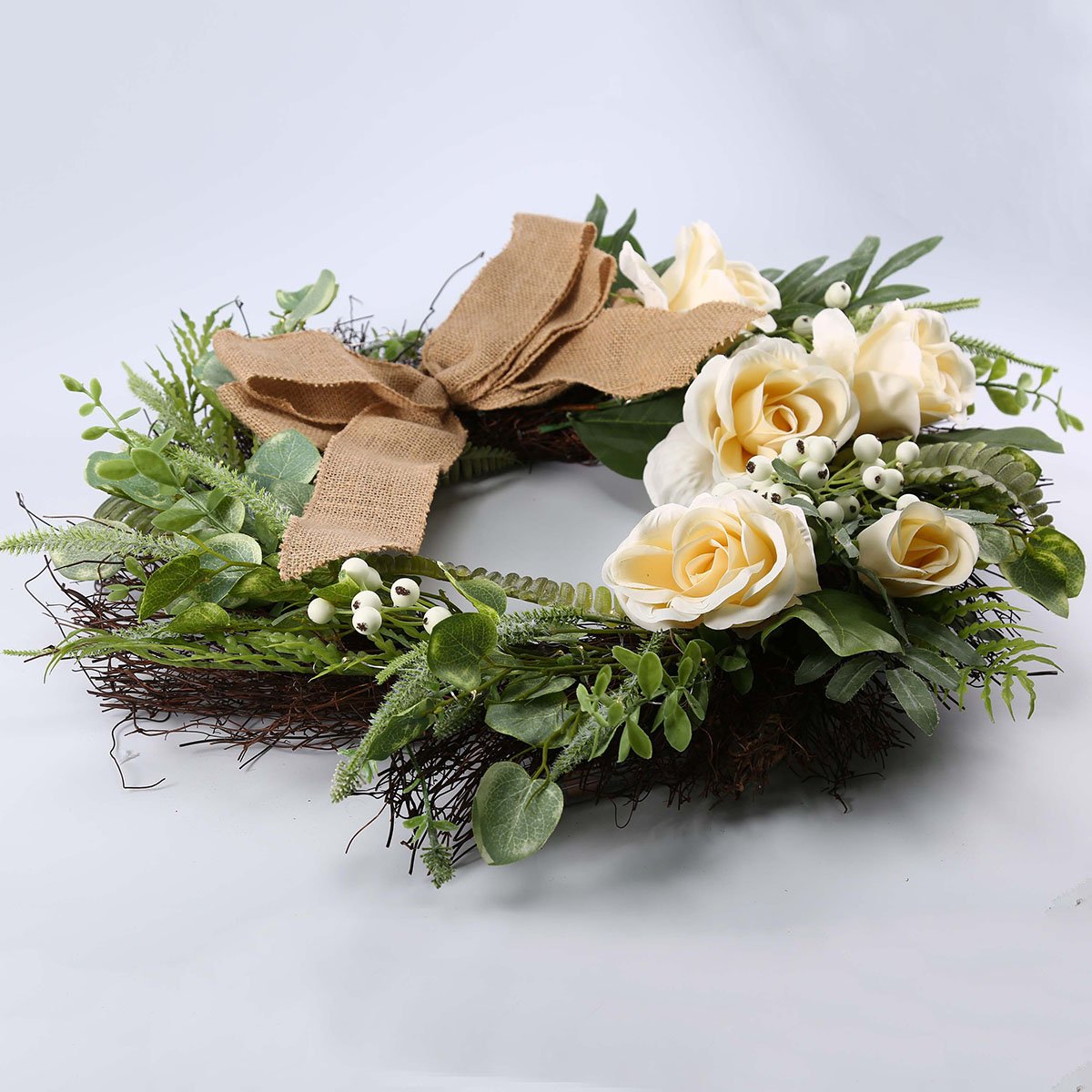 Artificial Outdoor Wreath With Lights 19 Inch Handcrafted Wreaths for Winter Home Decor, Green Front Door Wreath for Garden (Rose)