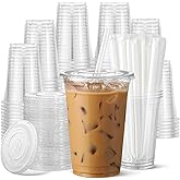 AOZITA 100 Pack 20 oz Disposable Plastic Cups with Lids and Straws, Clear Iced Coffee Cups for Cold Beverages, Smoothies, Iced Coffee, Leak-Proof, BPA-Free