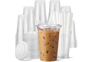 AOZITA 100 Pack - 16 oz Clear Plastic Cups with Lids and Straws, Food Safe Disposable Iced Coffee Cups for Cold Beverages, Smoothies, Iced Coffee, Leak-Proof, BPA-Free