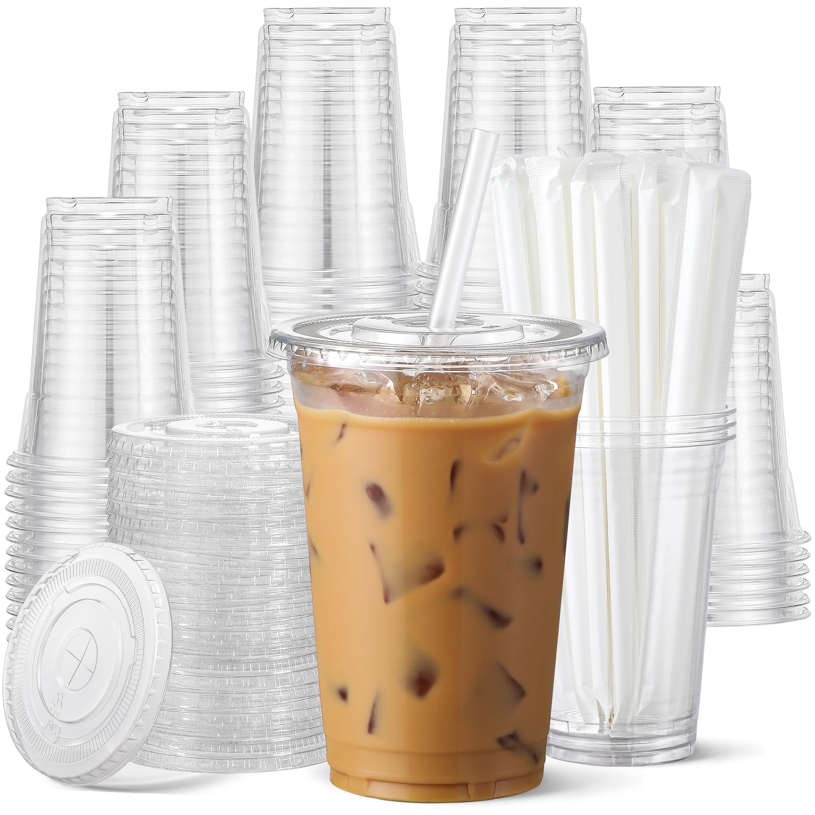 Photo 1 of AOZITA 100 Pack 16 oz Clear Plastic Cups with Lids and Straws, Food Safe Disposable Iced Coffee Cups for Cold Beverages, Smoothies, Iced Coffee, Leak-Proof, BPA-Free